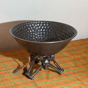 Halloween Spellbound Grey Silver Hammered Metal Bowl with Skull & Bone Base